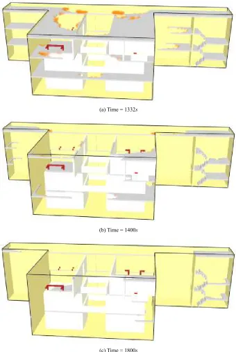Fig. 9. Views of the structure burning due to fire source in the third floor at different time periods (Case T6 as an example)
