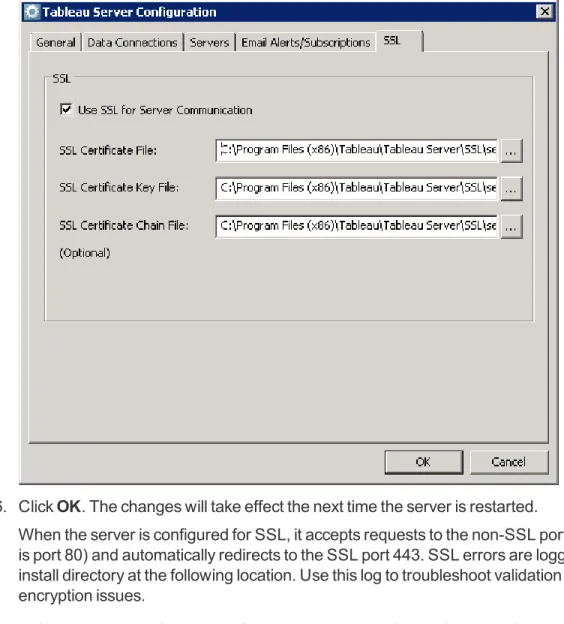 Tableau Server only supports port 443 as the secure port. It cannot run on a computer where another application is using port 443.