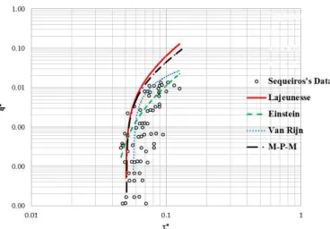 Figure 4. Simulations of the dimensionlesShields number τ* (Sequeiros Data case).Simulations of the dimensionless transport rate q* versus the Data case)