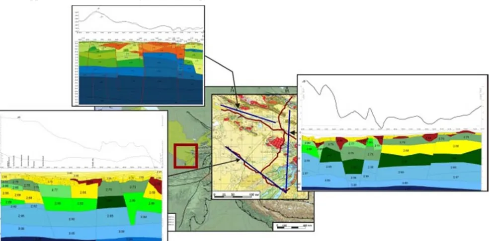 Figure 2. The position of the ECWM lines, used for modeling. Red lines – seismic lines, blue lines – lines for density modeling