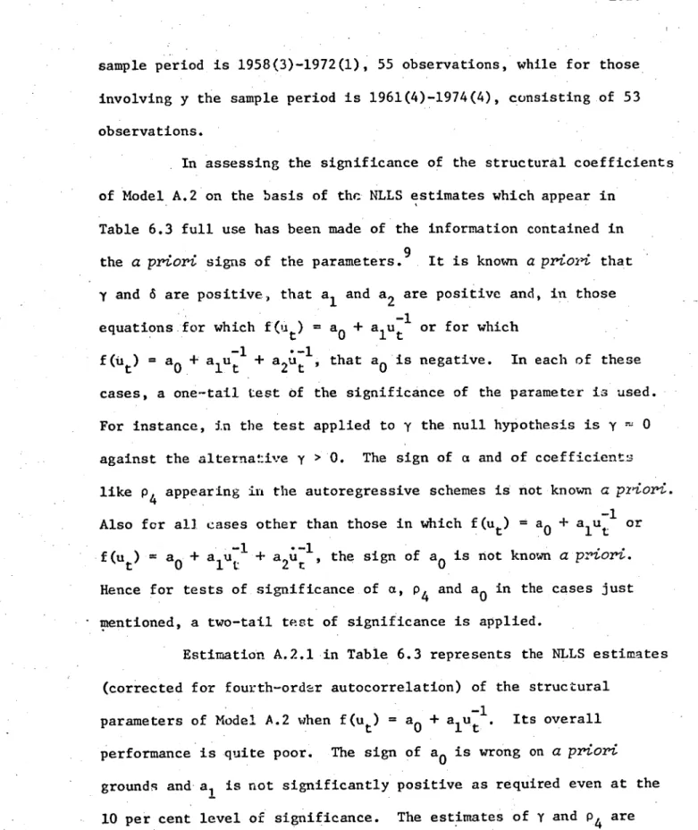 Table 6.3 full use has been made of the information contained in  the  a priori  signs of the paramete r s