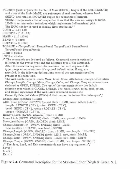 Figure 2.4. Command Description for the Skeleton Editor [Singh & Green, 91]. 