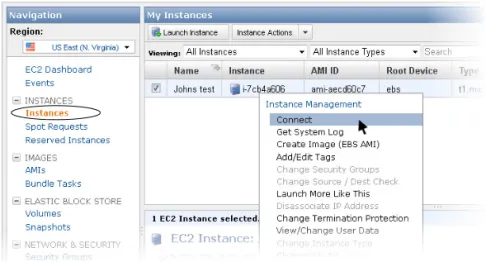 Figure 1-3: Find the instance in the dashboard. Right-click the instance and select 