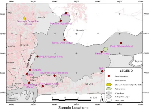 Figure 1. Map of Lagos lagoon showing the sample locations and areas of human activities