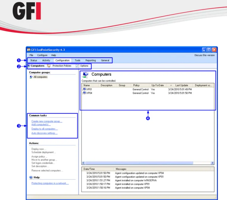 Tabs - Use this feature to navigate between the different tabs within GFI EndPointSecurity management console