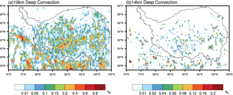 Figure 3. Distributions of deep convection frequency over the Tibetan Plateau and surrounding regions