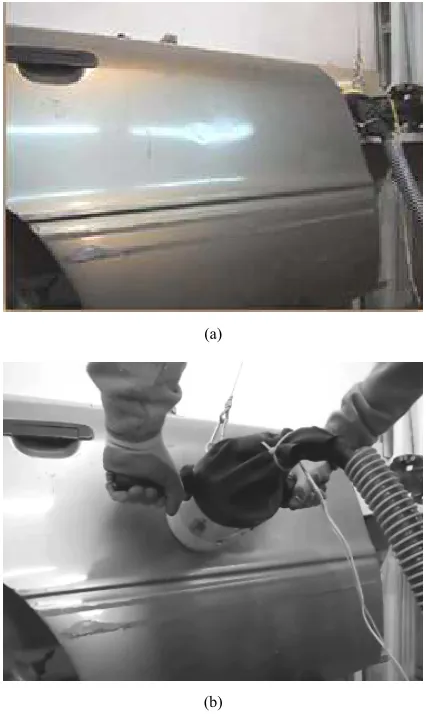 Fig 3. The experimental samples from the different automobile steels, ”Subaru” – а) before the force action, b) after attraction;“Citroen” – c) before the force action, d) after attraction