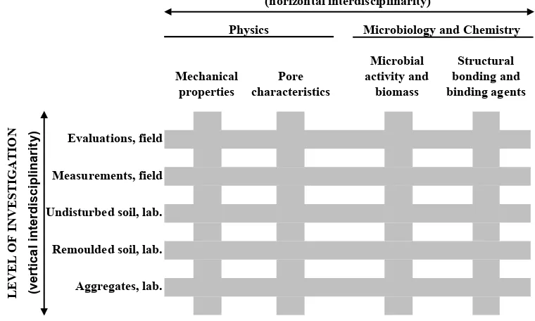 Figure 1. The analytical strategy included combinations of research disciplines (horisontal interdisciplinarity) as well as analyses of soil characteristics at different levels of ‘reduction’ of the research object (vertical interdisciplinarity)