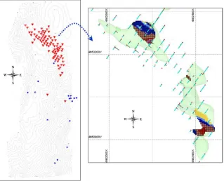 Figure 4. Drill hole (left) completed at Kçira copper deposits, drill holes on blue colour are completed after 1988 (N