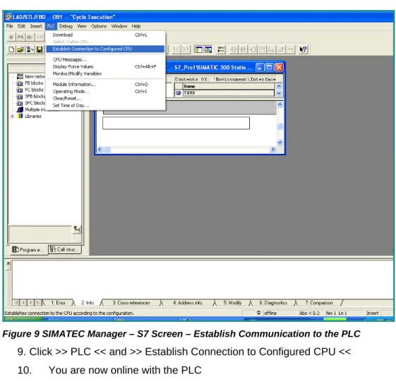 Figure 9 SIMATEC Manager – S7 Screen – Establish Communication to the PLC  9. Click >> PLC << and >> Establish Connection to Configured CPU <<  