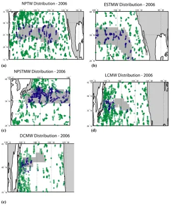 Fig. 3. Distribution of ﬂoats and various water masses in 2006. Blue (green) symbols are where ﬂoats measured properties at 10 m within(outside of) the range of the water mass as indicated in Table 1
