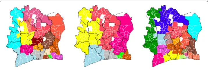 Figure 4 Network community detection in Côte d’Ivoire. (Left) 18 communities detected based on thenetwork.geographically close