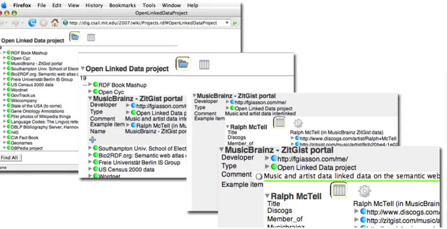Figure 1. The Tabulator. The first frame shows the Tabulator with an RDF source, the Open Linked Data Project open