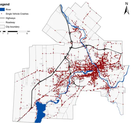 Figure 1. Study area with distribution of all crashes in Sherbrooke (2011-2013). 