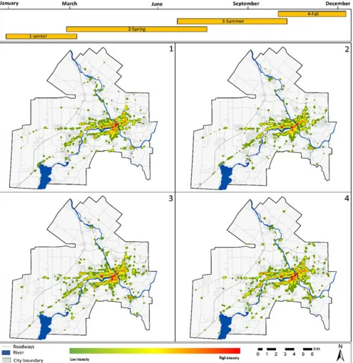 Figure 2. Univariate comap for all traffic accidents in Sherbrooke. The orange bars show the sampling periods for each series of images (i.e., panel 1 for winter, panel 2 for spring, panel 3 for summer, panel 4 for fall)