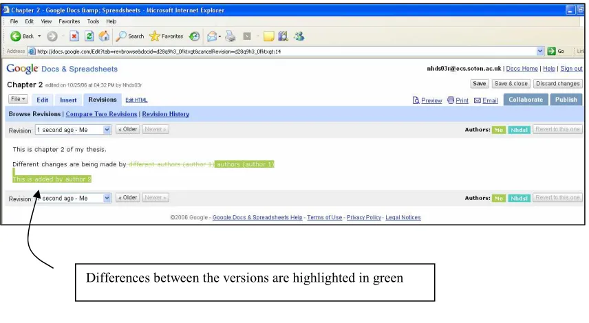 Figure 2-8: An example of a document in writely. The figure shows two versions of the document being compared