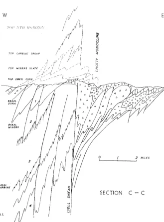 FIG. 7.-Seetion aeross Mt. in depth in accord of folds along zones 1. rnassivf; shears sehistjng ~ 4