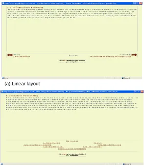 Fig. 1. Examples of the different navigational layouts used. The  first example (a) is a screenshot taken from one of the pages displayed in the linear condition