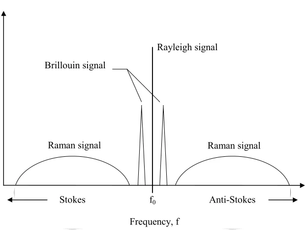 Figure 5 The positions of Rayleigh, Brillouin and Raman scattered light relative to 