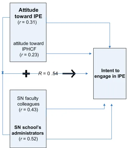 Figure 1 Revised application of the theory of reasoned action model based on study findings.Abbreviations: IPE, interprofessional education; IPHCTs, interprofessional health-care teams; SN, subjective norm.