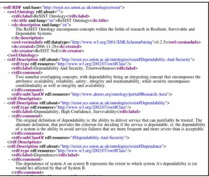 Figure 4.2 - The first section of the Dependability and Security Ontology, in OWL. 