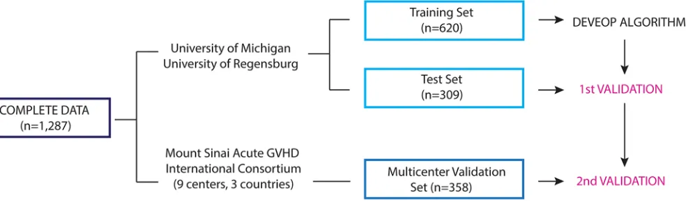 Figure 4. Study scheme of algorithm development and validation. Clinical data and plasma samples from day 7 after hematopoietic cellular transplanta-tion were available from 1,287 patients transplanted at 11 MAGIC centers