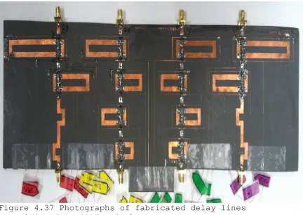Figure 4.37 Photographs of fabricated delay lines containing GaAs SPDT switches. 