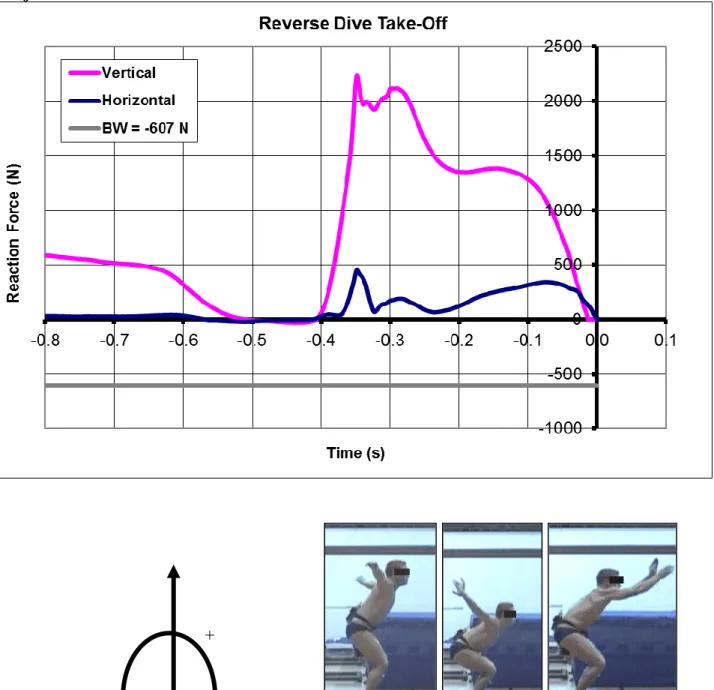 Figure 4. Reaction force during the takeoff phase of a reverse rotating dive. The reference system of the reaction 