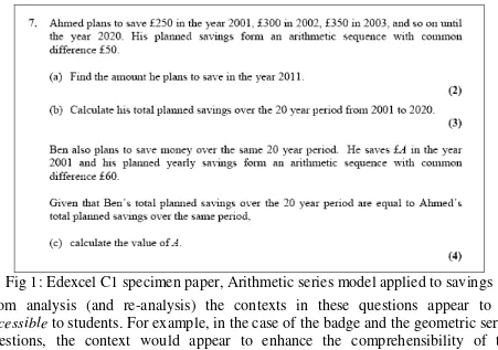 Fig 1: Edexcel C1 specimen paper, Arithmetic series model applied to savings 