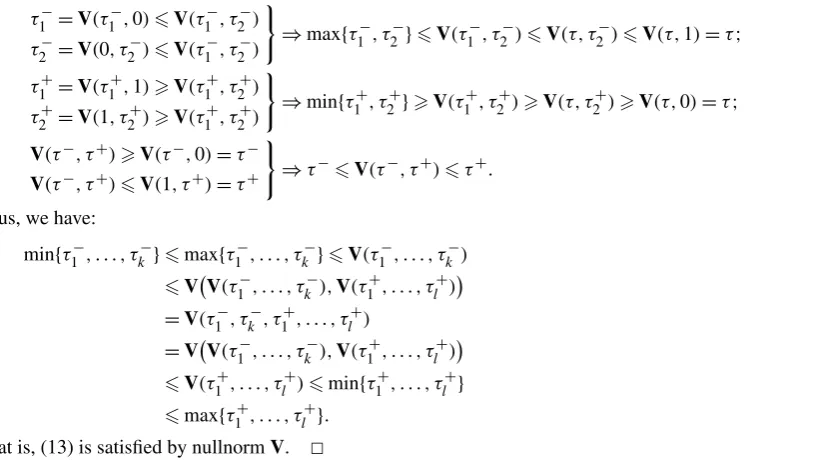 Table 1. By Lemma 1, uninorm compromise operators correspond to the case of (case of[0,l−],[u+,1]); by Lemma 4,averaging operators correspond to the case of ([l−,u−],[l+,u+]); and by Theorem 3, nullnorms correspond to the ([u−,τ],[τ,l+])