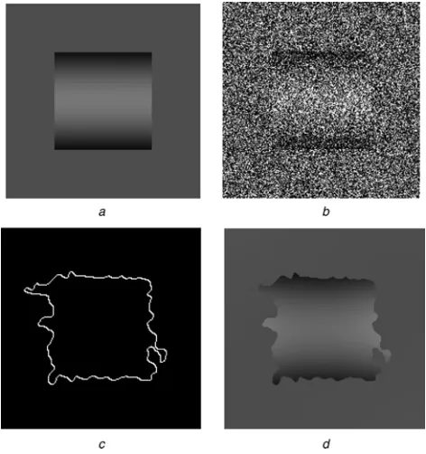 Fig. 4Approximation of the functional using Legendre seriesation in brightnessseries with the ﬁrst six Legendre componentsa Original noiseless image with a patch characterised by smooth vari-b Noisy image with Gaussian noise (SNR ¼1.026)c Segmentation result using proposed algorithm based on Legendred Reconstructed image using the coefﬁcients of the ﬁrst six Legendrecomponents