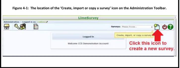 Figure 4-1:  The location of the ‘Create, import or copy a survey’ icon on the Administration Toolbar.