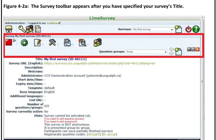 Figure 4-2a:  The Survey toolbar appears after you have specified your survey’s Title