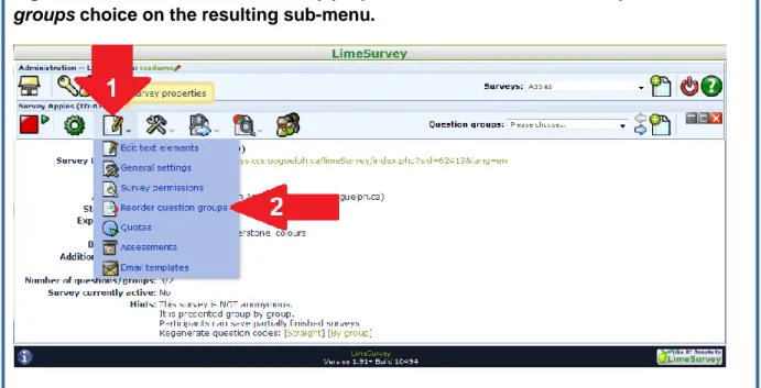 Figure 4:  The location of the Survey properties icon and the Reorder question  groups choice on the resulting sub-menu