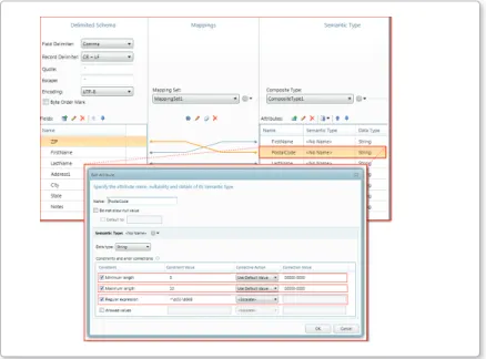 Figure 2:  QlikView Expressor Semantic Type and Edit Attribute dialog showing  constraints and corrective actions