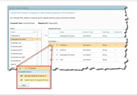 Figure 7: Conformance Mapper, displaying list of possible candidates for the  employee_first_name field
