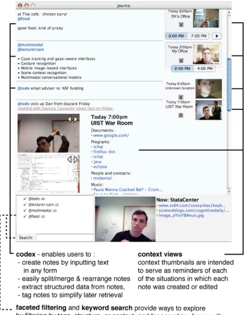 Figure 1:  The Jourknow interaction interface displaying the set of textual notes, which we collectively refer to as the codex