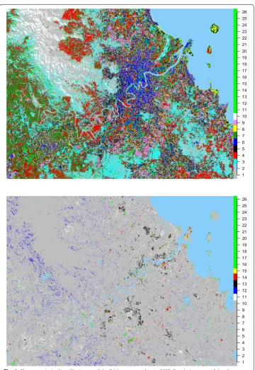 Fig. 6 Cluster analysis of satellite image of the Brisbane area taken in 2002. For clarity, some of the clusters are merged together in bright-green colour and the results are presented in two plots: (left penal) 1: mountains and forest, 2: water, 3: forest 4: mix of parks, playgrounds and grassland, 5: old residential areas including some roads, 6: old residential areas, 7: scrub-land, 8: Bright surfaces including seashore, 9: new residential areas, and 10: mountains and forest; (right penal) 11: parks and playgrounds, 12: mountains and forest, 13: commercial buildings, 14: disturbed earth (recent deforestation), 15: impervious surfaces