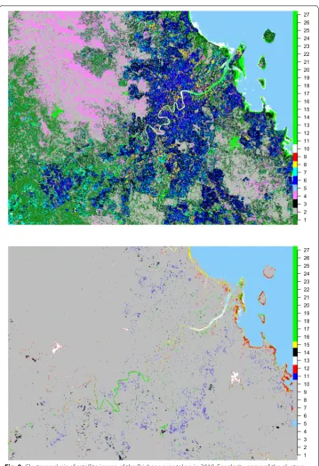 Fig. 8 Cluster analysis of satellite image of the Brisbane area taken in 2010. For clarity, some of the clusters are merged together in bright-green clolour and the results are presented in two plots: (left penal) 1: scrub-land or bare ground, 2: forest, 3: roads and old residential areas, 4: mountain and forest mixed with playgrounds, 5: water, 6: residential areas, 7: bare ground and impervious surfaces, 8: commertial buildings, 9: residential area (with bright steel roofing) mixed with commercial buildings, 10: seashore; (right penal) 5: water, 11: new residential areas, 12: water and seashore, 13: water, 14: disturbed earth, 15: water and seashore