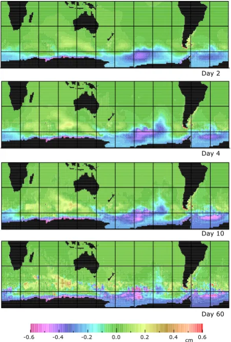 Fig. 5. Difference in sea level between the perturbation run and thecontrol run after two days, four days, ten days and sixty days