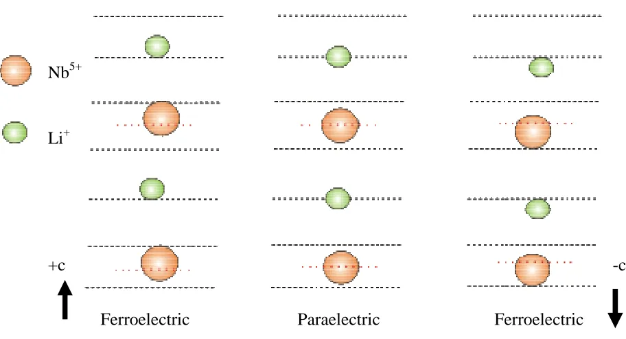 Figure 2.2: Structure of LiNbO3 showing both paraelectric and ferroelectric phases [5]