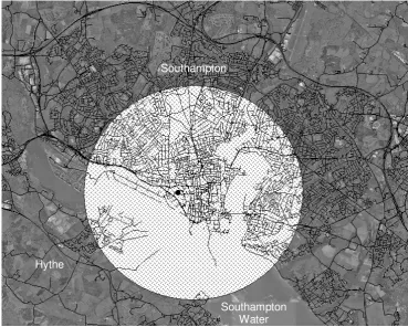 Figure 3 – Area within 15 minutes of shopping centre:  Crow-fly method 