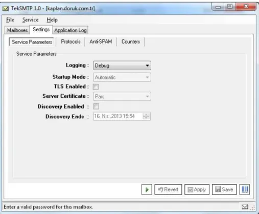 Figure - 1.  TekSMTP Settings / Service Parameters tab 