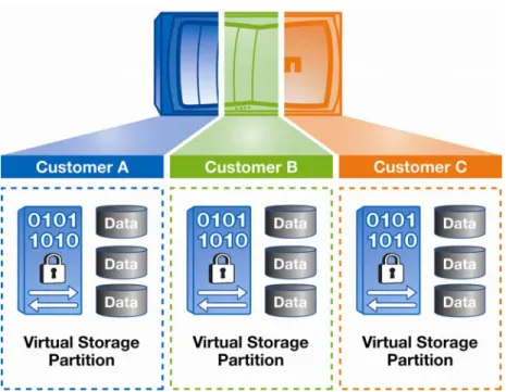 Figure 4) Multi-tenancy with NetApp MultiStore. Multiple customers can each be allocated a “virtual storage controller” on  a single physical storage system