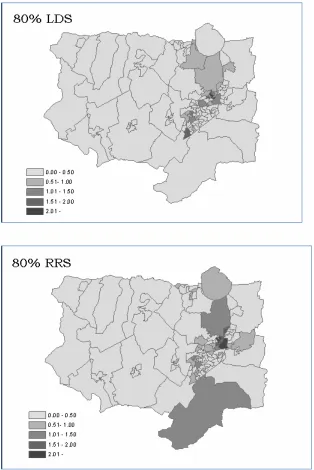 Figure 6: LISA maps showing Absolute Change in I  between the original (unswapped) data and the i