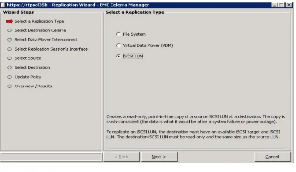 Figure 12 on page 16 shows the new Replication Wizard in the Celerra Manager that allows you to  replicate an iSCSI LUN: 