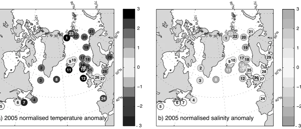 Figure 1. 2005 normalised upper ocean temperature anomalies (left) and salinity anomalies (right)