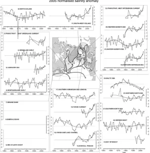 Figure 2. Overview of upper ocean temperature anomalies across the North Atlantic. Temperature data are presented as anomalies from the long-term mean (1971-2000); for consistency anomalies are normalised with respect to the standard deviation, e.g., a val