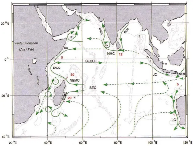 Figure 3 b. A schematic representation of currents (green) observed during July–August