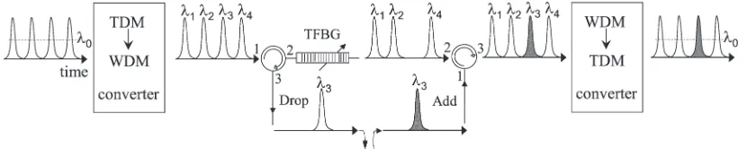 Fig. 1.Concept of the OTDM add–drop multiplexer based on time-to-wavelength conversion.